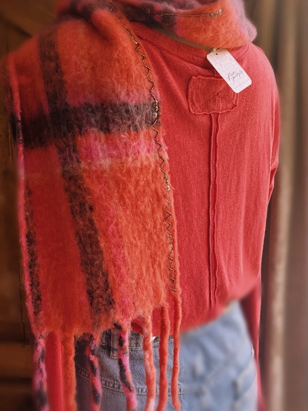 Free People Beaded Plaid Scarf – Pink Combo / NWT